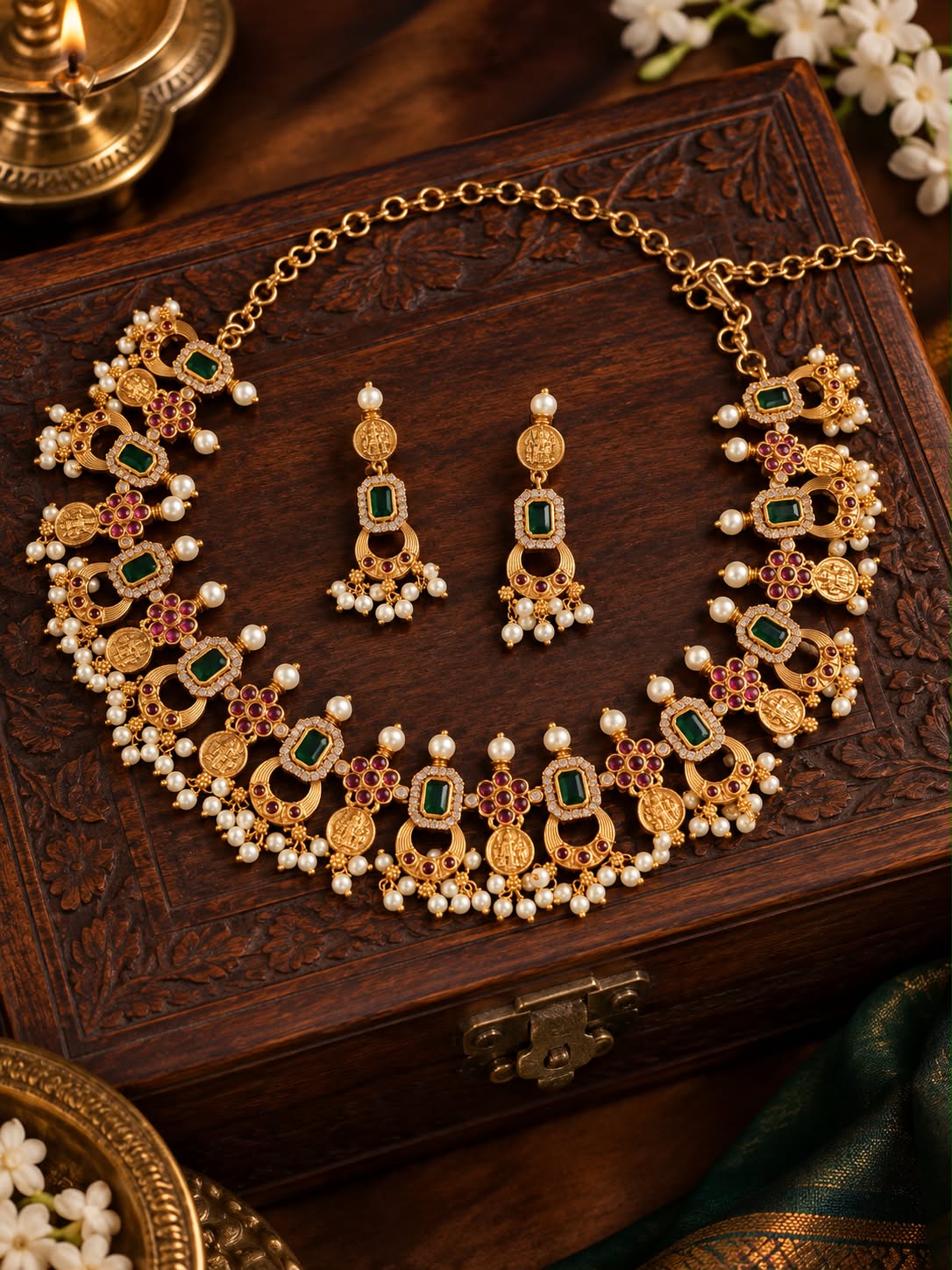 Antique Emerald and Kemp Stone Necklace Set with Pearl Drops
