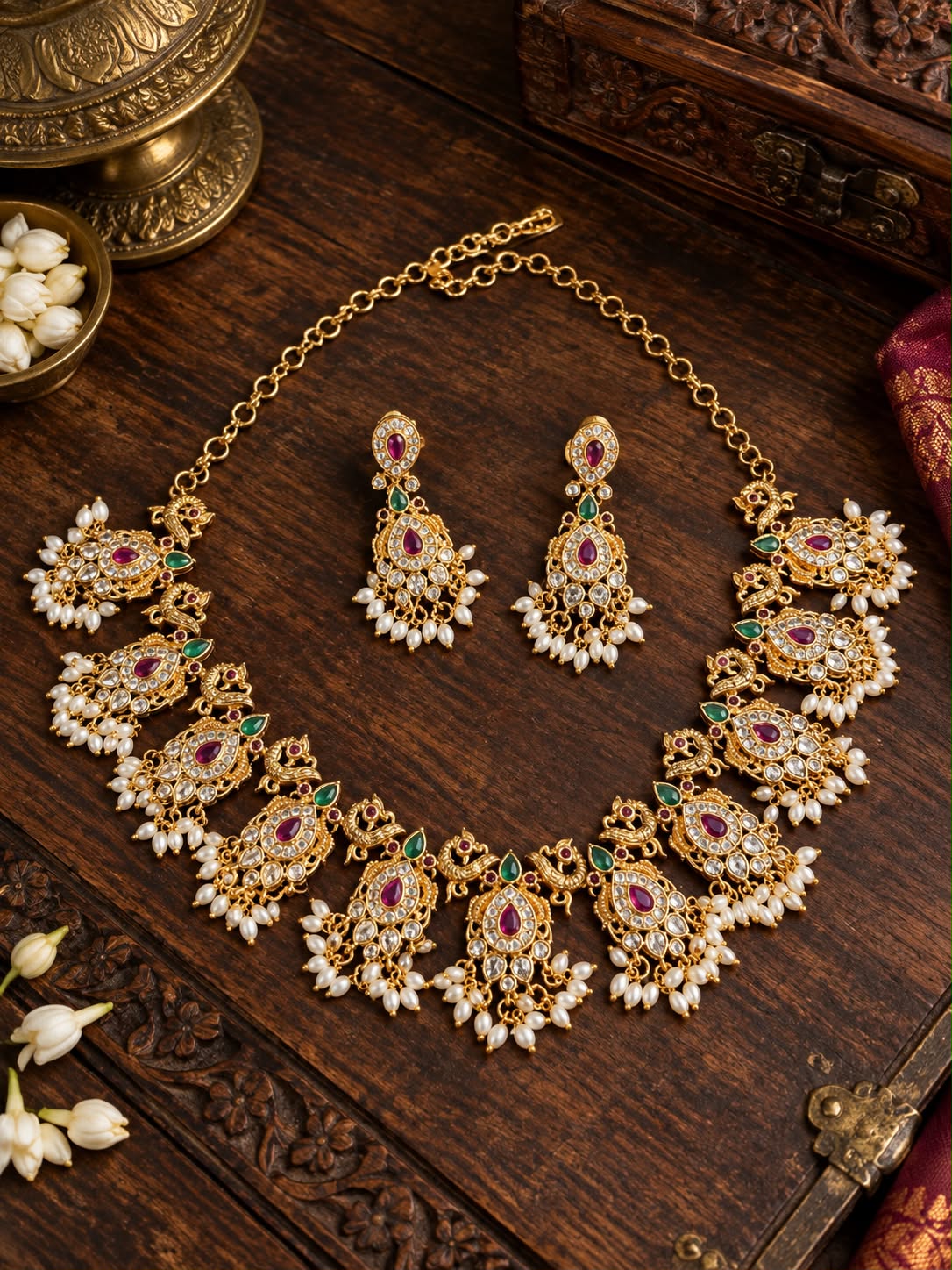 Antique Ruby and Emerald Kundan Necklace Set with Pearl Drops